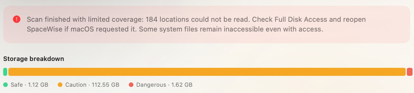 Close-up from SpaceWise showing categorized and not individually listed disk usage