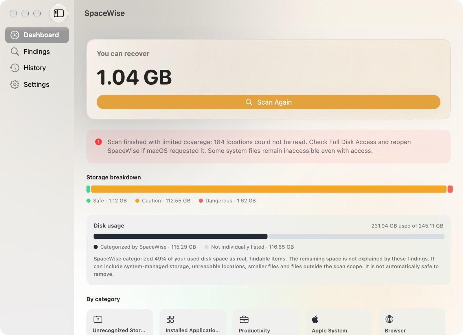 Actual SpaceWise dashboard showing storage categories, disk usage, and a notice that some locations could not be read